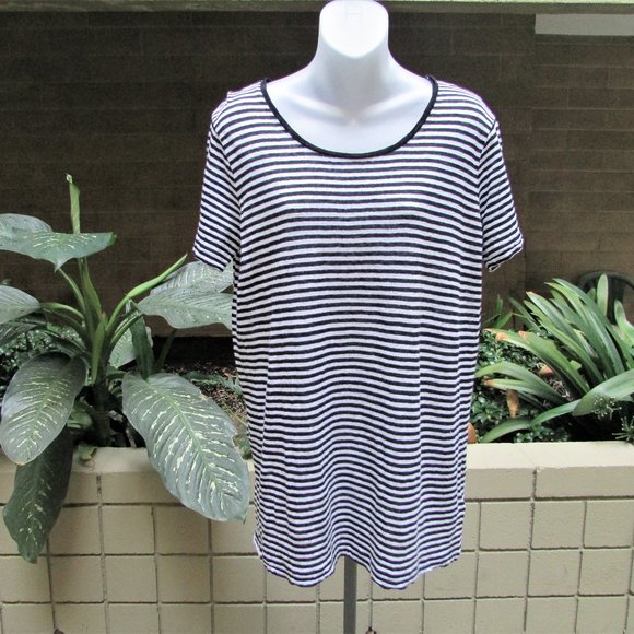 DKNY black white stripe short sleeve linen top M